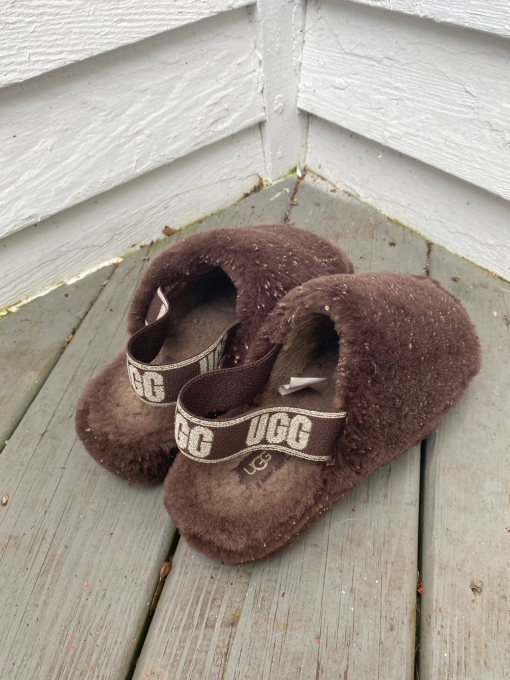 UGG Fluff Yeah Metallic Chocolate Brown Plush Slide Sandals with Branded Strap
